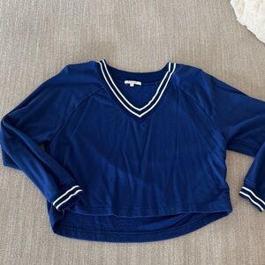 Z Supply Navy V-Neck Sweater with White Stripes